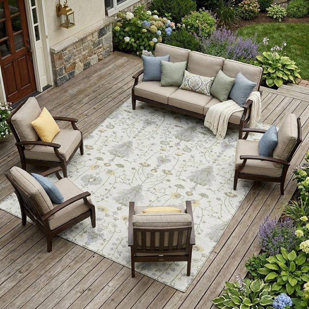 9' X 12' Ivory And Silver Oriental Washable Indoor Outdoor Area Rug — view 6
