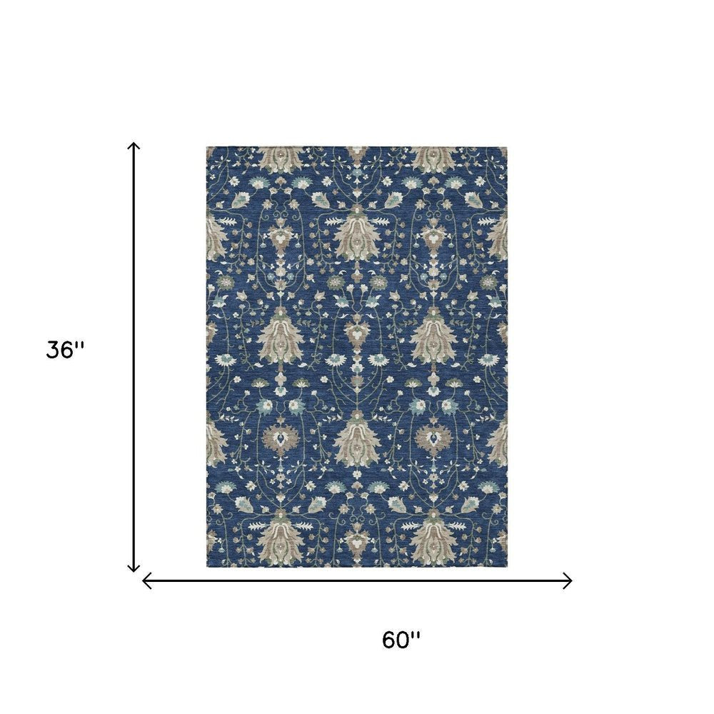 3' X 5' Navy Blue And Blue Oriental Washable Indoor Outdoor Area Rug — view 4