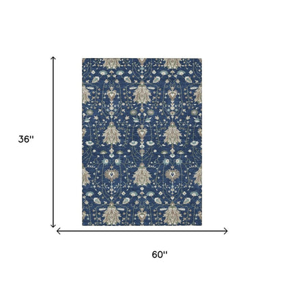 3' X 5' Navy Blue And Blue Oriental Washable Indoor Outdoor Area Rug HomeRoots