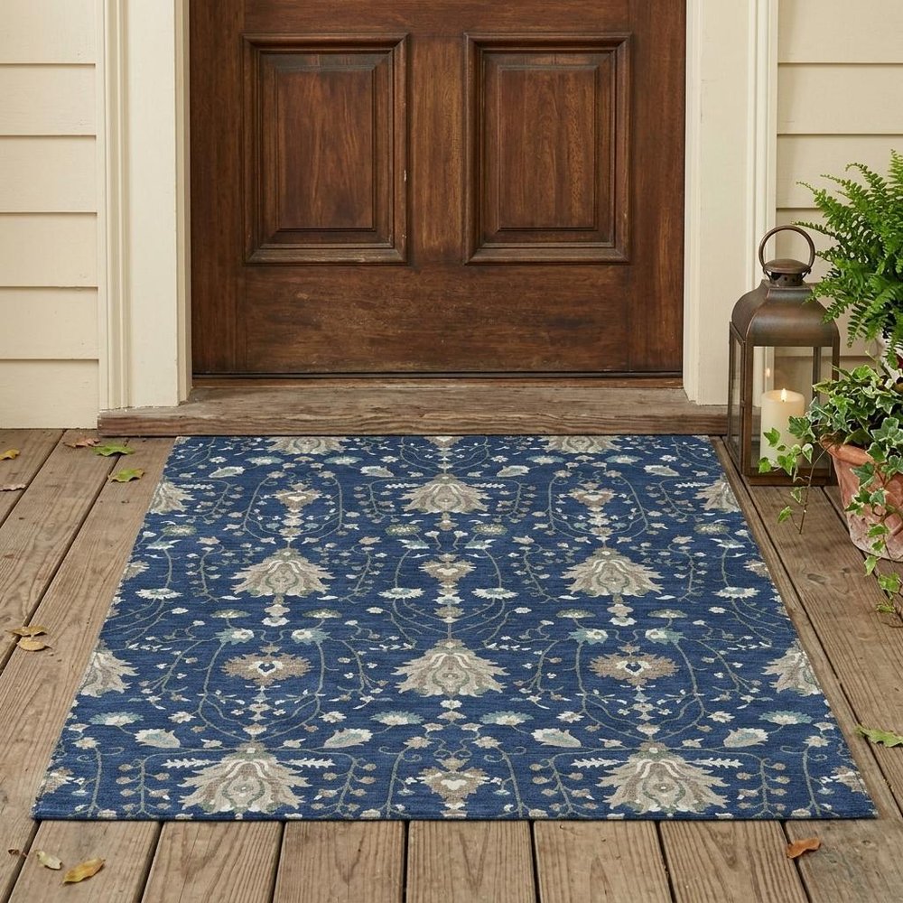 3' X 5' Navy Blue And Blue Oriental Washable Indoor Outdoor Area Rug HomeRoots