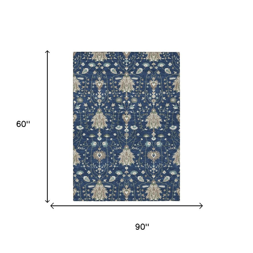 5' X 8' Navy Blue And Blue Oriental Washable Indoor Outdoor Area Rug — view 4