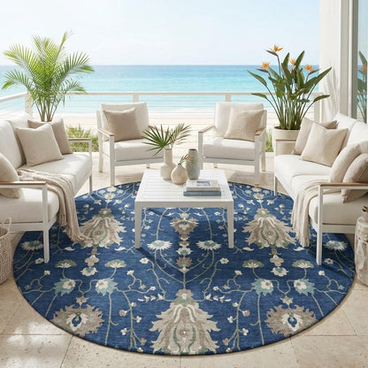 8' Navy Blue And Blue Round Oriental Washable Indoor Outdoor Area Rug