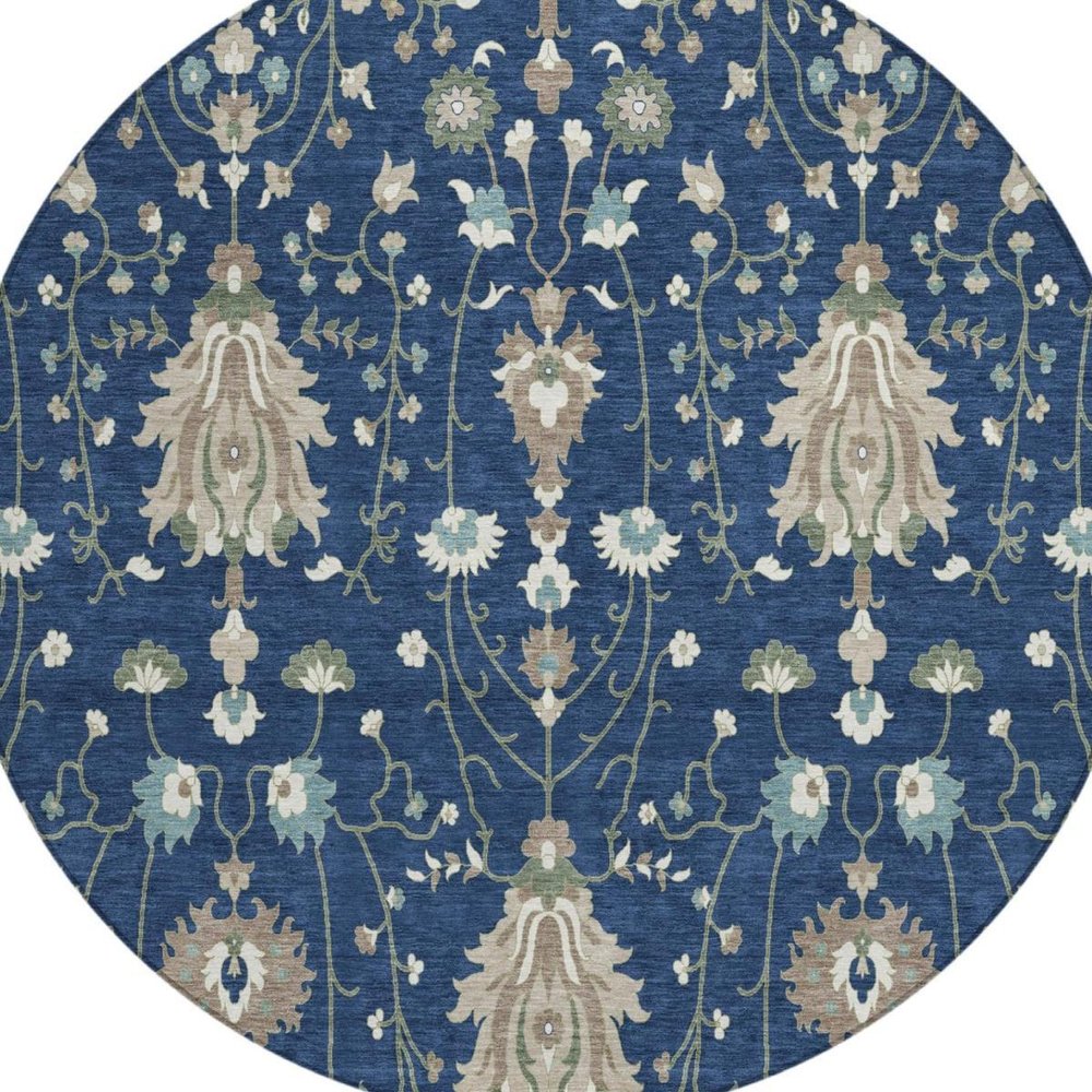8' Navy Blue And Blue Round Oriental Washable Indoor Outdoor Area Rug — view 8