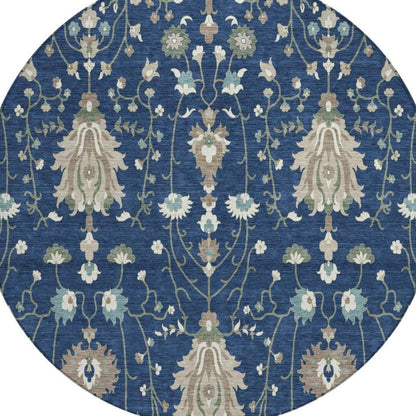 8' Navy Blue And Blue Round Oriental Washable Indoor Outdoor Area Rug