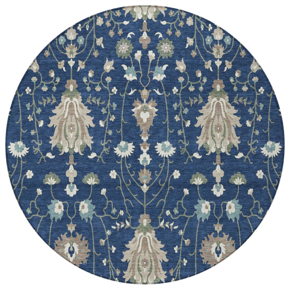 8' Navy Blue And Blue Round Oriental Washable Indoor Outdoor Area Rug