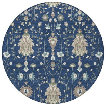 8' Navy Blue And Blue Round Oriental Washable Indoor Outdoor Area Rug