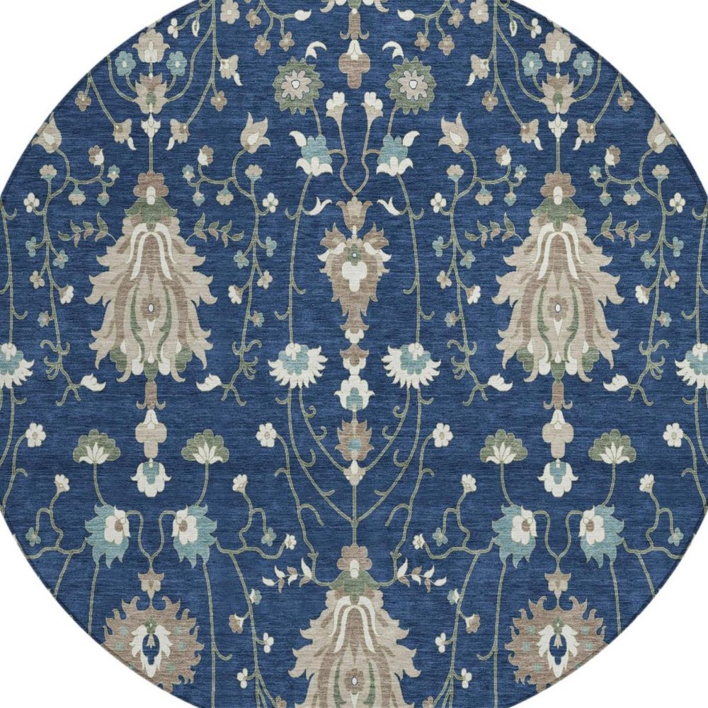 8' Navy Blue And Blue Round Oriental Washable Indoor Outdoor Area Rug — view 9