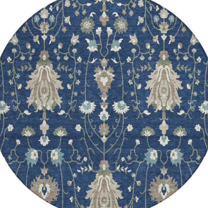 8' Navy Blue And Blue Round Oriental Washable Indoor Outdoor Area Rug