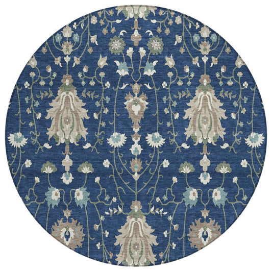 8' Navy Blue And Blue Round Oriental Washable Indoor Outdoor Area Rug