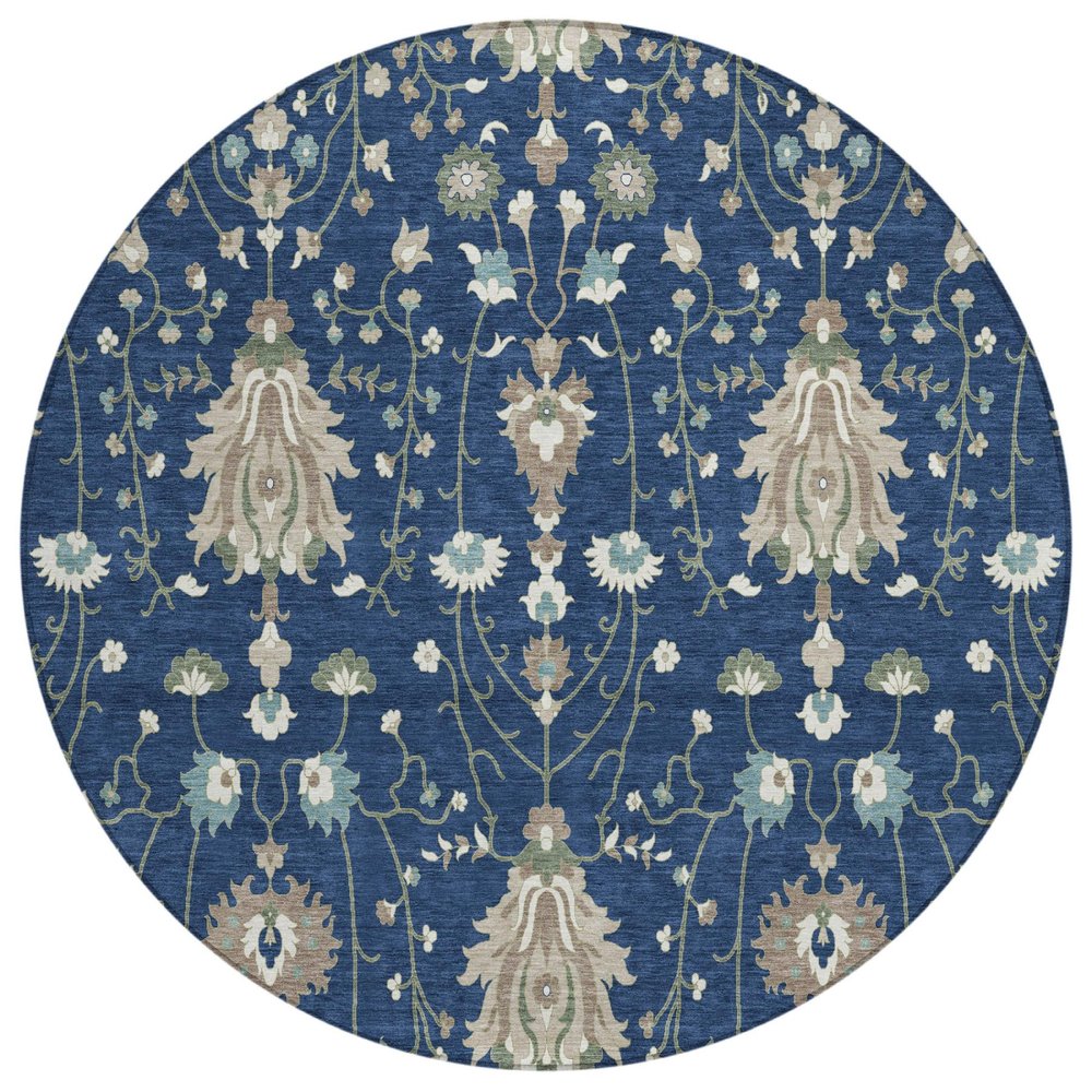 8' Navy Blue And Blue Round Oriental Washable Indoor Outdoor Area Rug — view 1