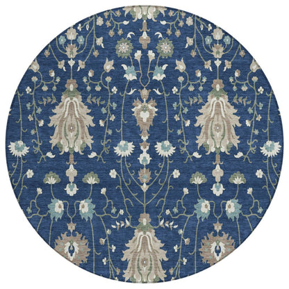 8' Navy Blue And Blue Round Oriental Washable Indoor Outdoor Area Rug