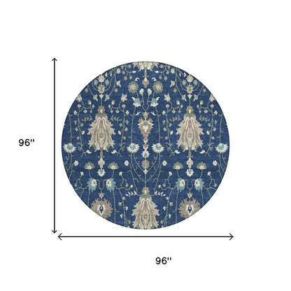 8' Navy Blue And Blue Round Oriental Washable Indoor Outdoor Area Rug