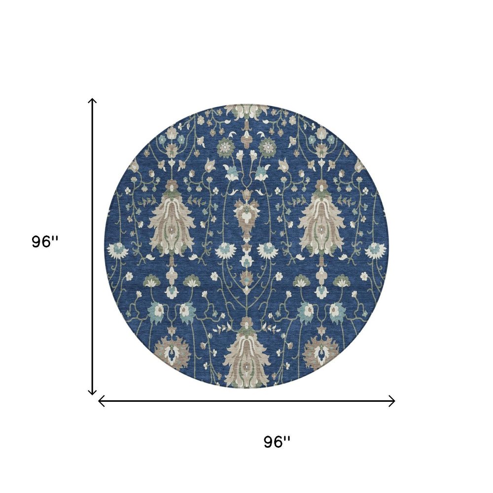 8' Navy Blue And Blue Round Oriental Washable Indoor Outdoor Area Rug HomeRoots