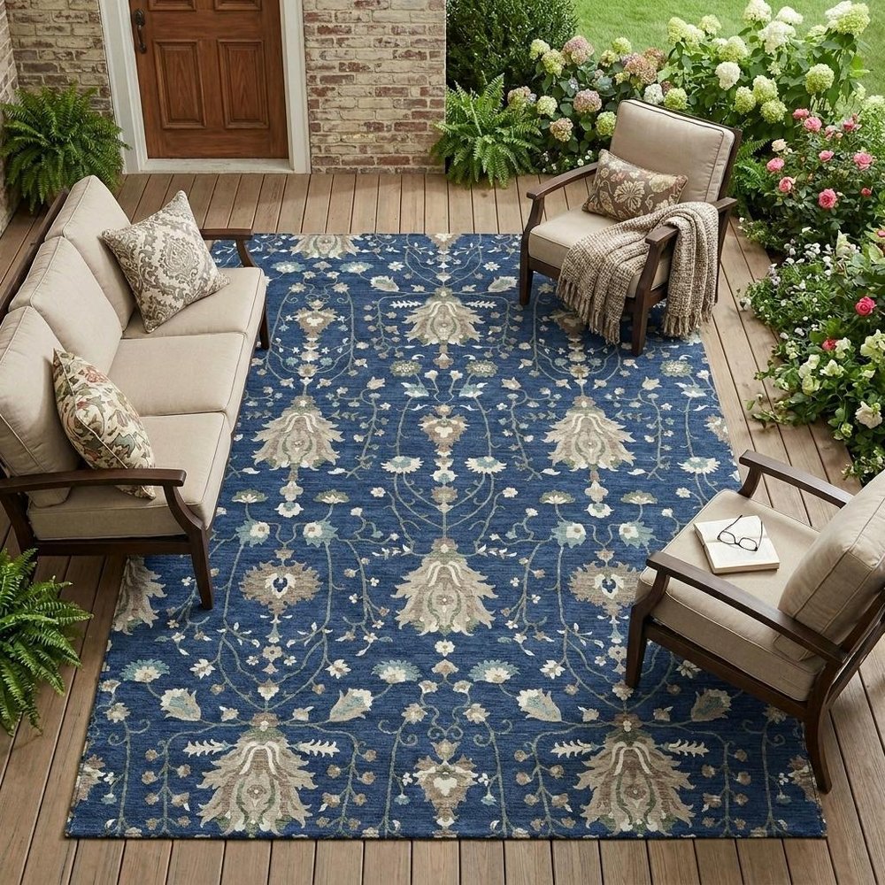 9' X 12' Navy Blue And Blue Oriental Washable Indoor Outdoor Area Rug — view 5