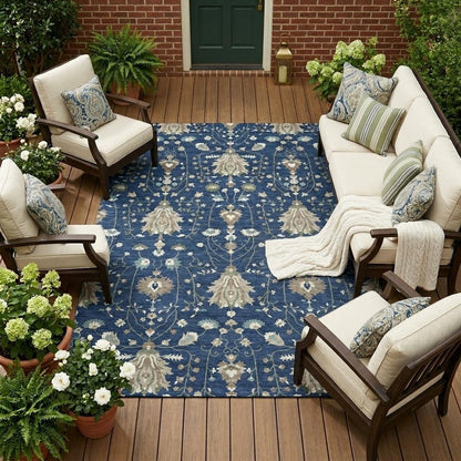 10' X 14' Navy Blue And Blue Oriental Washable Indoor Outdoor Area Rug HomeRoots