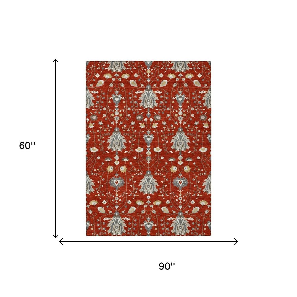 5' X 8' Red And Beige Oriental Washable Indoor Outdoor Area Rug HomeRoots