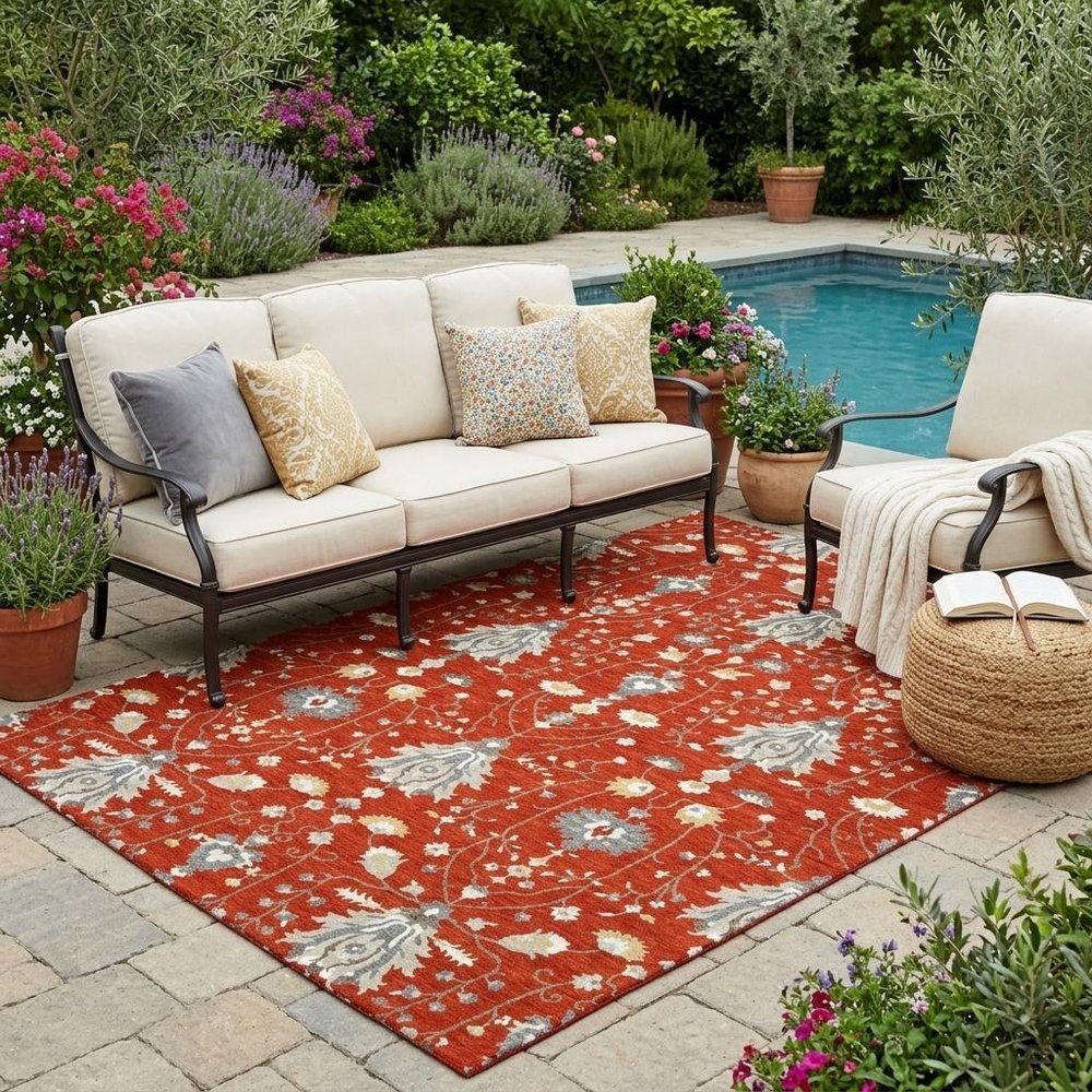 5' X 8' Red And Beige Oriental Washable Indoor Outdoor Area Rug HomeRoots