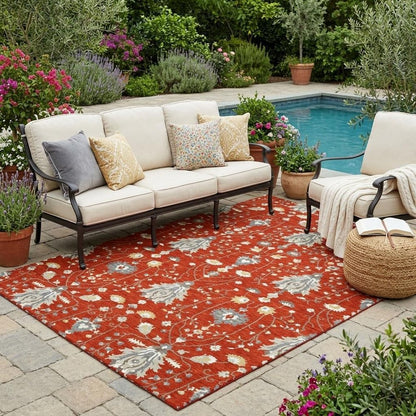 5' X 8' Red And Beige Oriental Washable Indoor Outdoor Area Rug HomeRoots