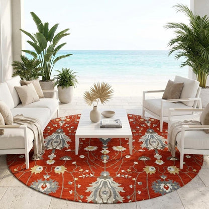 8' Red And Beige Round Oriental Washable Indoor Outdoor Area Rug HomeRoots