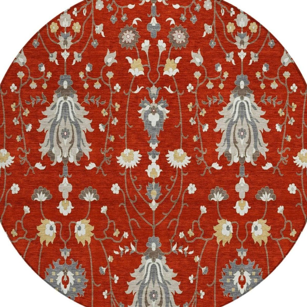 8' Red And Beige Round Oriental Washable Indoor Outdoor Area Rug — view 8