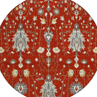 8' Red And Beige Round Oriental Washable Indoor Outdoor Area Rug