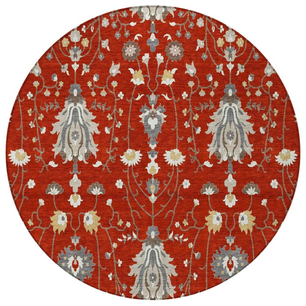 8' Red And Beige Round Oriental Washable Indoor Outdoor Area Rug — view 9