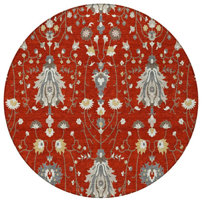 8' Red And Beige Round Oriental Washable Indoor Outdoor Area Rug