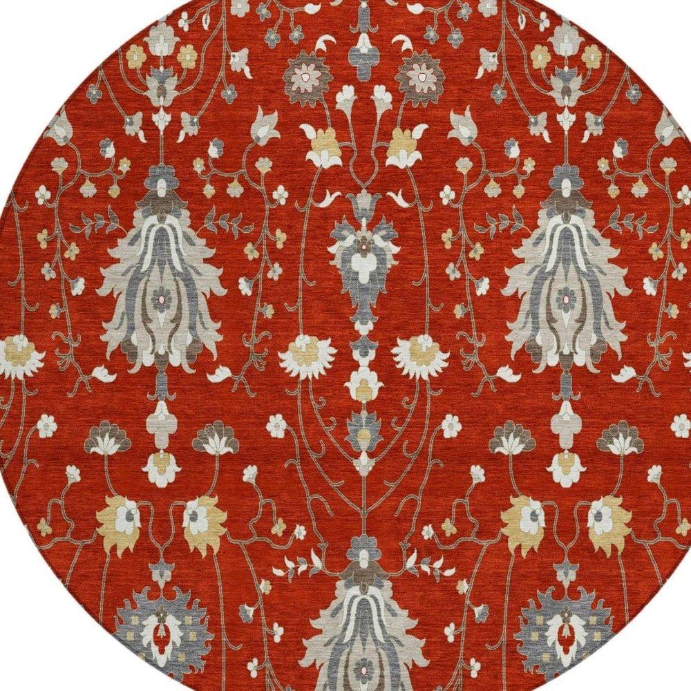 8' Red And Beige Round Oriental Washable Indoor Outdoor Area Rug