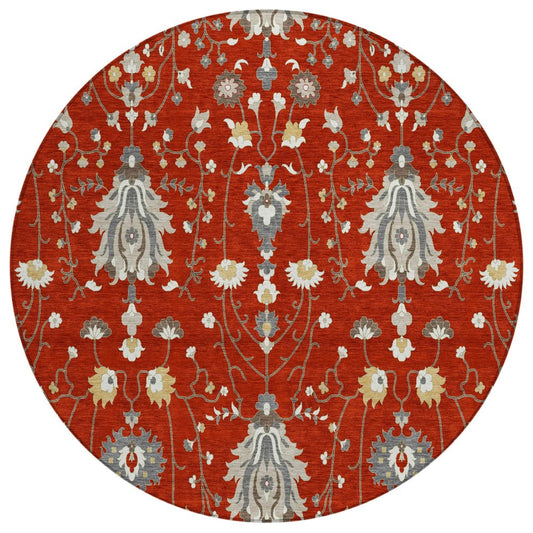 8' Red And Beige Round Oriental Washable Indoor Outdoor Area Rug