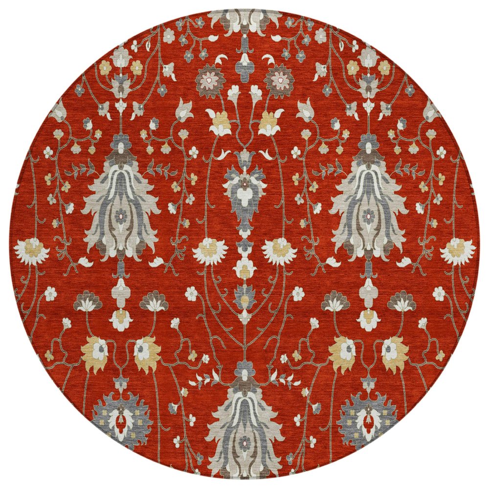 8' Red And Beige Round Oriental Washable Indoor Outdoor Area Rug — view 1