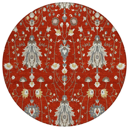 8' Red And Beige Round Oriental Washable Indoor Outdoor Area Rug HomeRoots