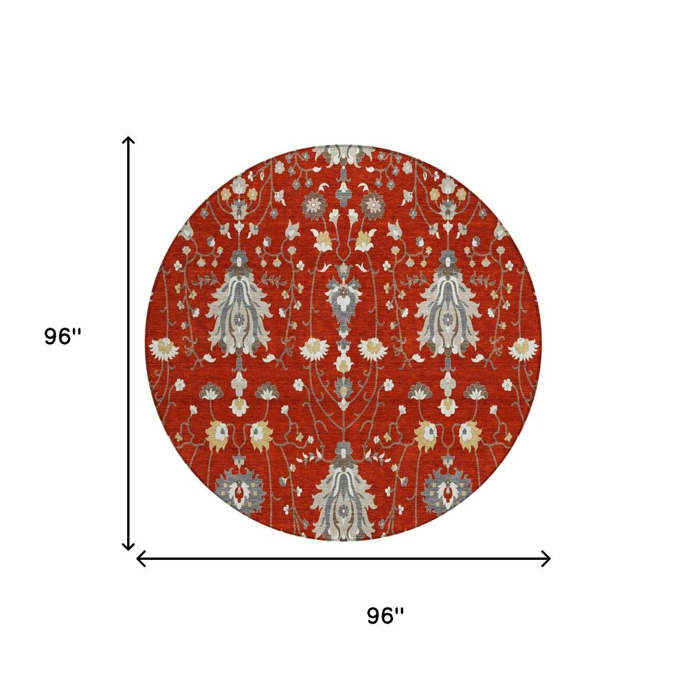 8' Red And Beige Round Oriental Washable Indoor Outdoor Area Rug