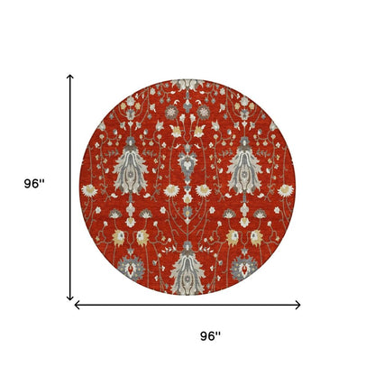 8' Red And Beige Round Oriental Washable Indoor Outdoor Area Rug