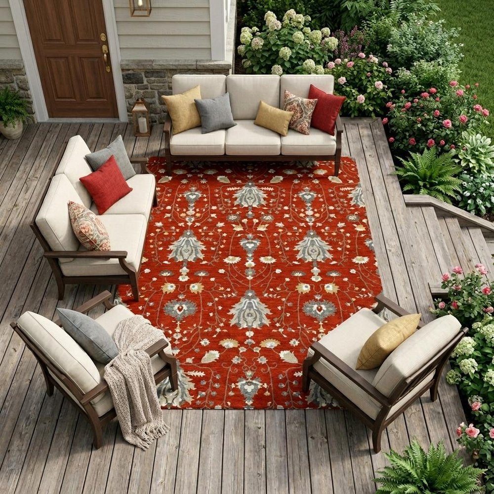 10' X 14' Red And Beige Oriental Washable Indoor Outdoor Area Rug — view 5