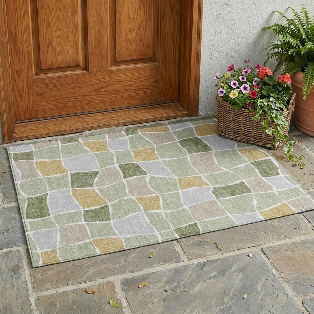 3' X 5' Green And Silver Geometric Washable Indoor Outdoor Area Rug HomeRoots