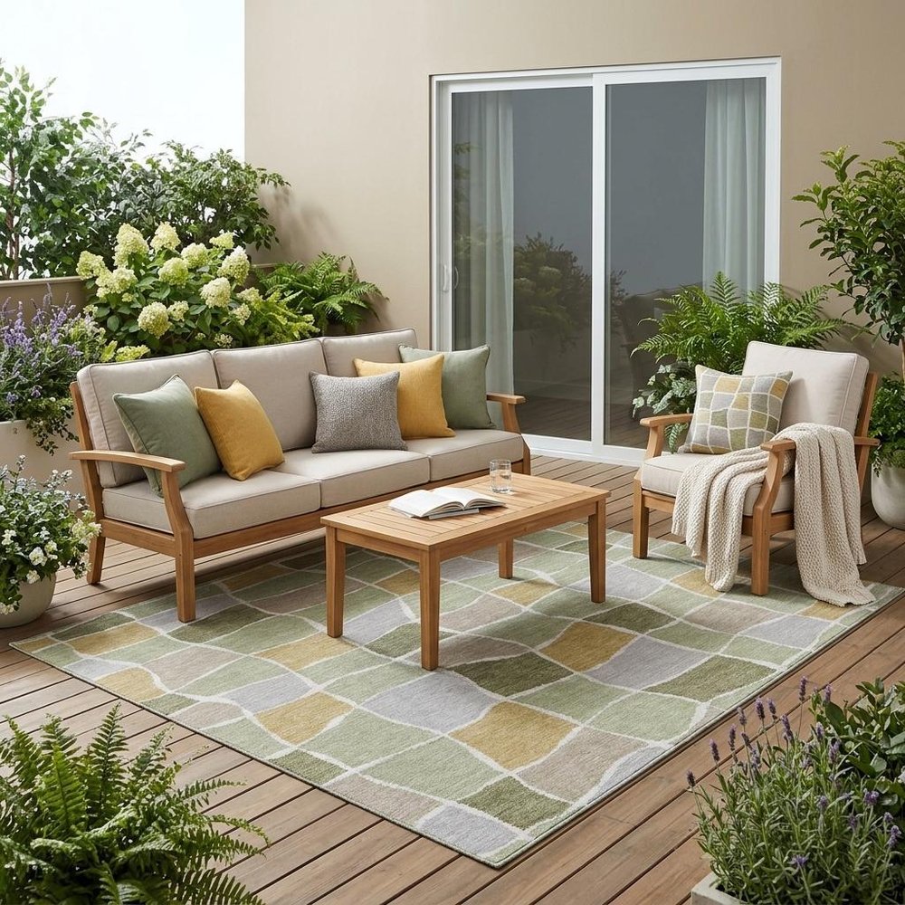 5' X 8' Green And Silver Geometric Washable Indoor Outdoor Area Rug HomeRoots