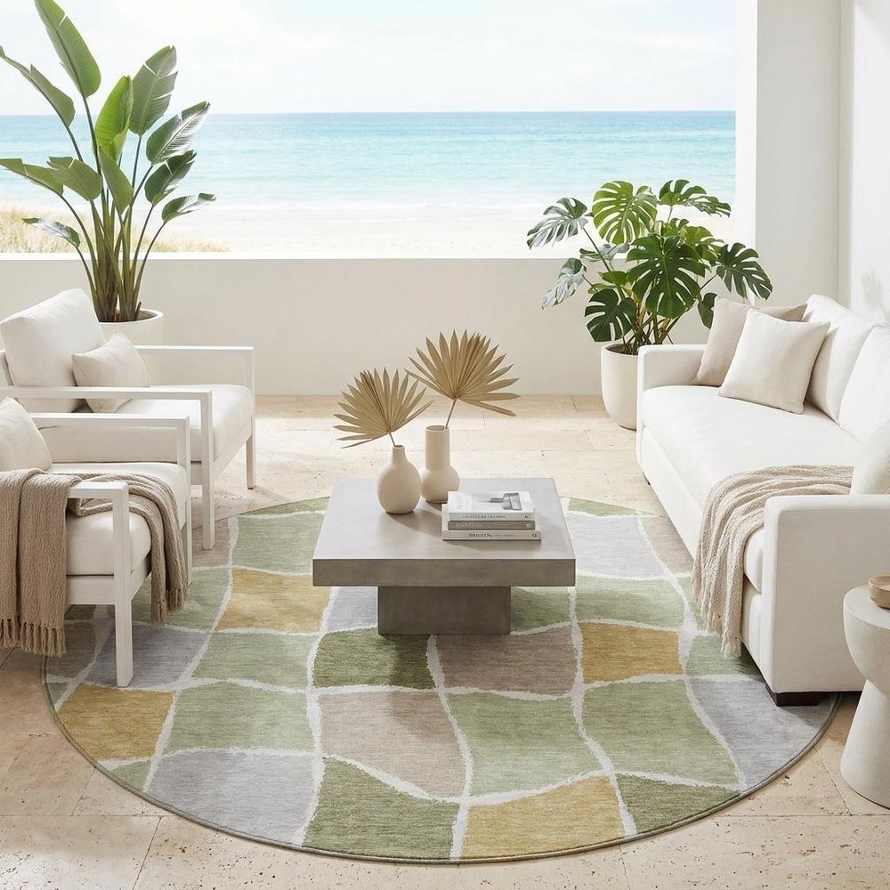 8' Green And Silver Round Geometric Washable Indoor Outdoor Area Rug HomeRoots