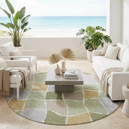 8' Green And Silver Round Geometric Washable Indoor Outdoor Area Rug HomeRoots