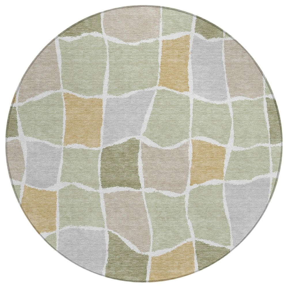 8' Green And Silver Round Geometric Washable Indoor Outdoor Area Rug HomeRoots