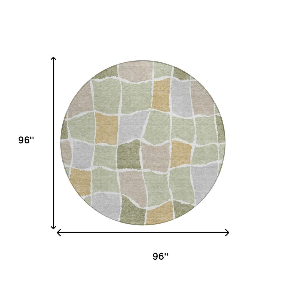 8' Green And Silver Round Geometric Washable Indoor Outdoor Area Rug HomeRoots