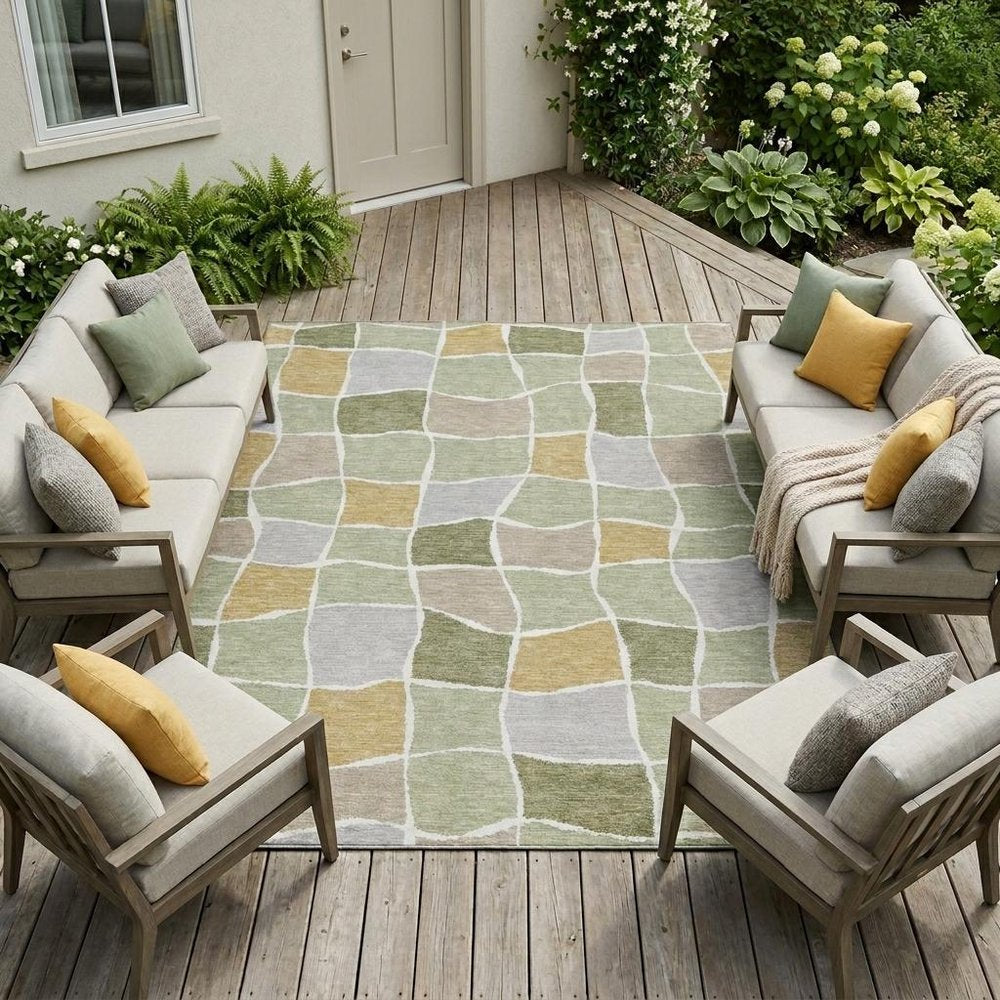 9' X 12' Green And Silver Geometric Washable Indoor Outdoor Area Rug HomeRoots
