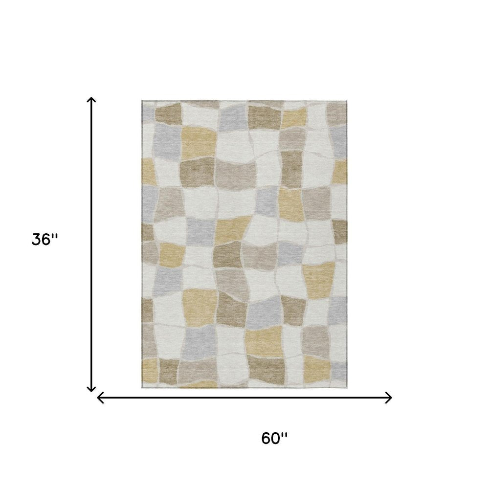 3' X 5' Ivory And Beige Geometric Washable Indoor Outdoor Area Rug HomeRoots