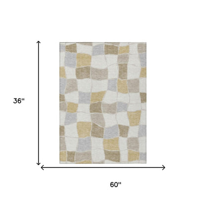 3' X 5' Ivory And Beige Geometric Washable Indoor Outdoor Area Rug HomeRoots