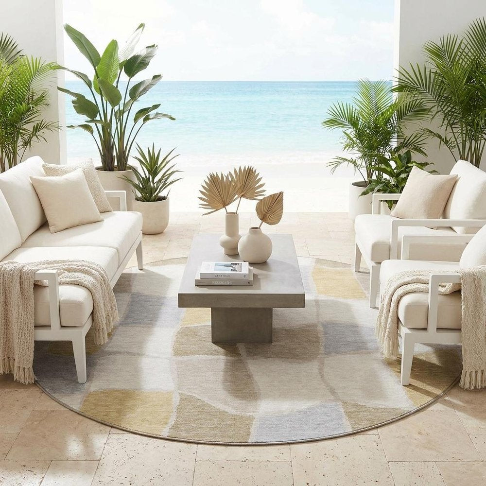 8' Ivory And Beige Round Geometric Washable Indoor Outdoor Area Rug HomeRoots