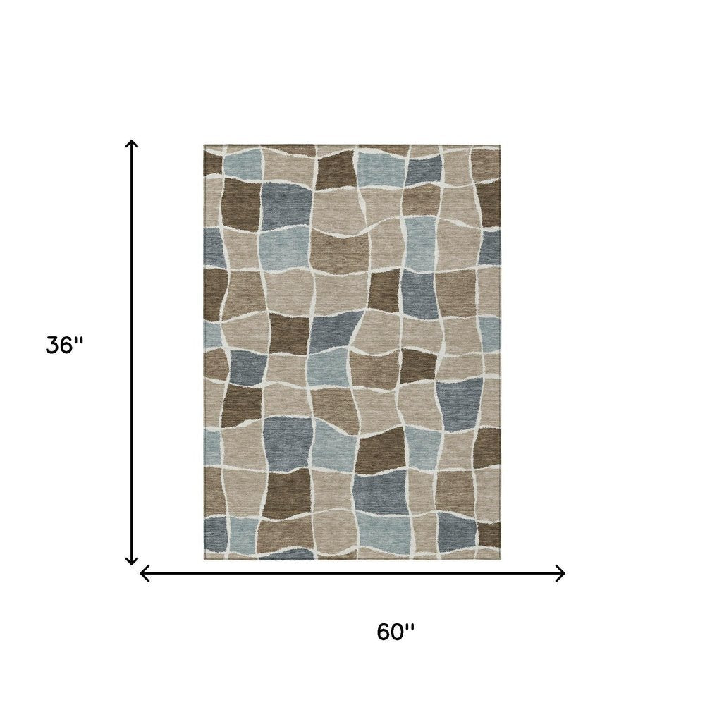 3' X 5' Khaki And Brown Geometric Washable Indoor Outdoor Area Rug HomeRoots