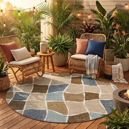 8' Khaki And Brown Round Geometric Washable Indoor Outdoor Area Rug HomeRoots