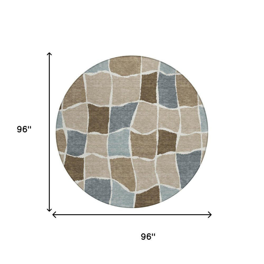8' Khaki And Brown Round Geometric Washable Indoor Outdoor Area Rug HomeRoots
