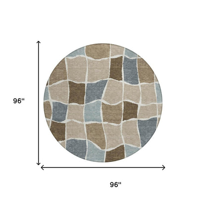 8' Khaki And Brown Round Geometric Washable Indoor Outdoor Area Rug HomeRoots