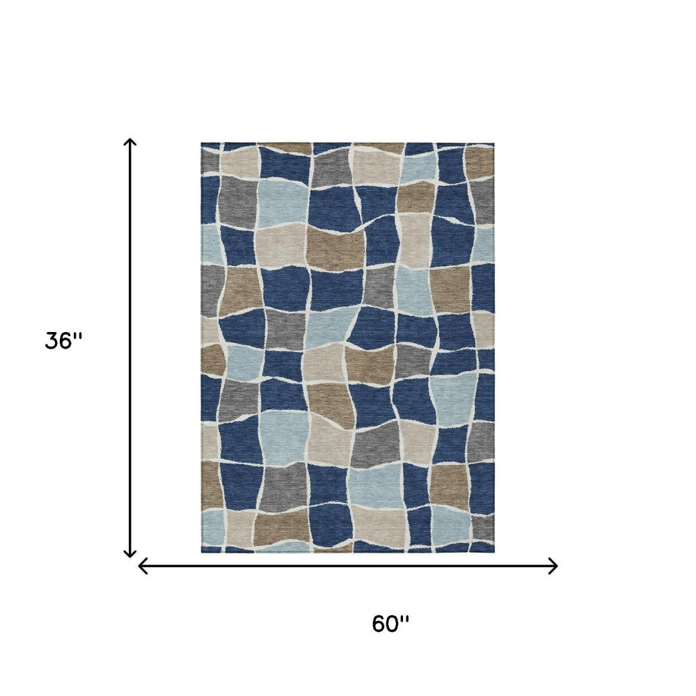 3' X 5' Navy Blue And Blue Geometric Washable Indoor Outdoor Area Rug HomeRoots