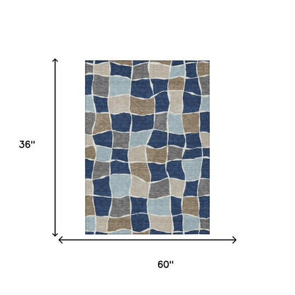 3' X 5' Navy Blue And Blue Geometric Washable Indoor Outdoor Area Rug HomeRoots